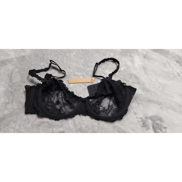 NWT Skims 38C Soot Black Stretch Lace Unlined Scoop Bra SP-DEM-9071W - Picture 1 of 5